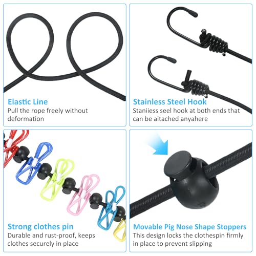 Travel Clothesline with Two Magnetic Hooks for Cruise RV Camper Essentials, Clothes Line 12 Clothes Clips for Cruise Camper RV Accessories, Portable Clothesline for Camper Essentials Car Accessories