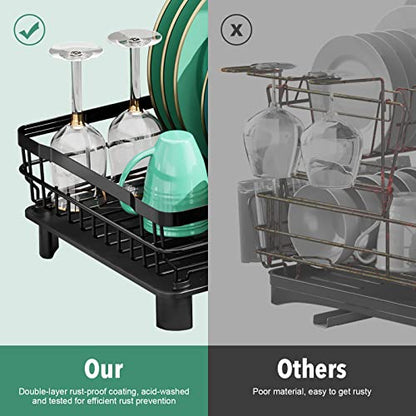 Dish Drying Rack with Drainboard for Kitchen Counter, Black | 13×17 Large Capacity/Rustproof Stainless Steel/Fast Drainage Dish Drainer/Removable Utensil Holder/Kitchen Counter Organizer