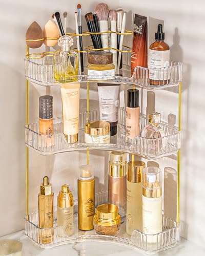 Makeup Organizer 3 Tier Bathroom Counter Organizer with Makeup Brush Holder | Corner Bathroom Organizer Countertop, Acrylic Counter Storage for Bathroom Dresser, Skincare Perfume Organizer- Clear
