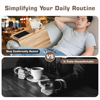 Wooden Sofa Arm Tray for Couch, Cup Holder & Armrest Organizer – Non-Slip Couch Arm Tray, Couch Cup Holder for Drinks, Snacks & Remotes – Flexible Couch Tray for Drink, Armrest for Living Room