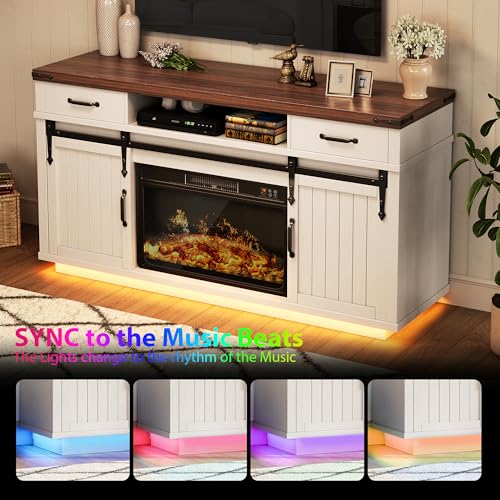 Jocoevol 58" Farmhouse Electric Fireplace TV Stand for TVs up to 65", Entertainment Center with 2 Large Storage Drawers, Sliding Barn Doors, Adjustable Shelves, TV Console for Living Room - White