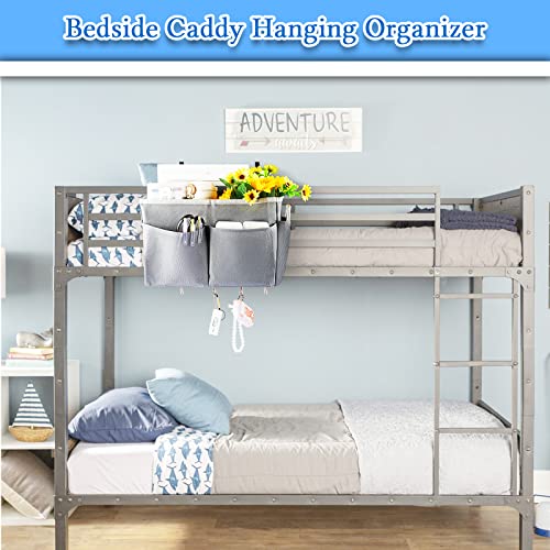 Bedside Caddy Organizer 5 Pockets and 4 Hooks for Bunk Bed Grey | Hanging Storage Bag for Headboards