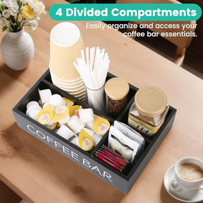 Coffee Bar Organizer – Wooden Coffee Station with 4 Compartments, Removable Dividers, and Condiment Storage for Home & Office