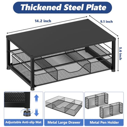 Desk Organizer and Accessories, 2-Tier Computer Monitor Stand Riser with Drawer and 2 Pen Holders, Laptop Stand, Office Desk Accessories for Office Supplies, Black
