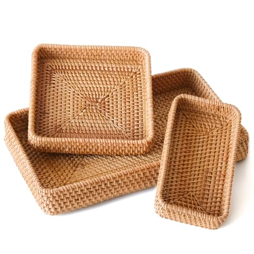Rattan Serving Tray,Rectangle Wicker Storage Basket Set of 3 for Organizing | Natural Rattan, Decorative Serving Woven Trays Wicker Baskets for Storage, Home Decor, Bathroom, Kitchen Counter