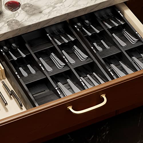 Bamboo Silverware Drawer Organizer with Labels, Ki... (Black | Bamboo)