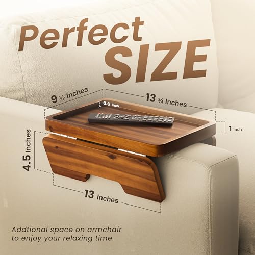 13.75" Acacia Sofa Arm Tray Table, Double Hinge, Natural Wood Color | Solid Acacia Wood, Spacious Surface, Clips Securely with Double-hinge Grip, Foldable & Portable, Multipurpose, No Assembly