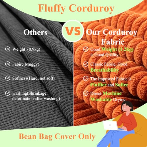 ZhenLives Stuffed Animal Storage Bean Bag Chair Cover, Cover Only (No Filler), Corduroy Toy Organizer Floor Cushion Seat, 48 in/120 cm Slipcover for Teens & Adults,Green