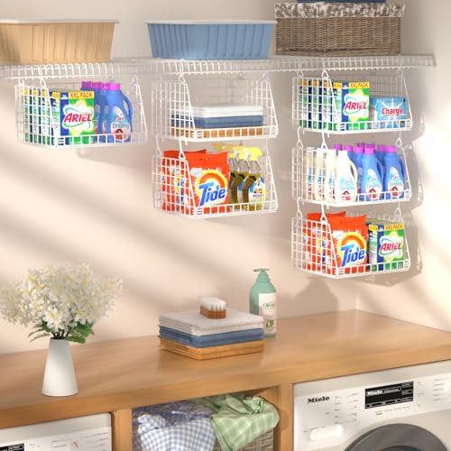PUPPYCUTE 3-Pack Laundry Room Organization and Storage, Hanging Wire Basket for Laundry with 360°Rotating Hooks, Over Washer and Dryer Shelves, Laundry Organizers and Storage Basket, White