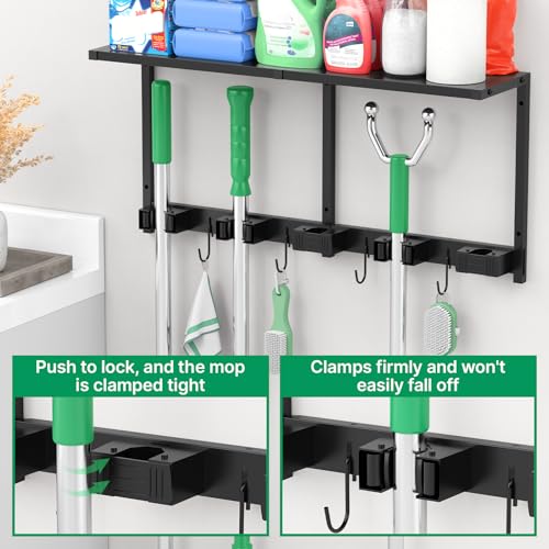 CCCEI Broom and Mop Wall Mount with Shelf, Laundry Room Cleaning Tools Organization Hanging Rack with Hooks, Bathroom, Garage, Garden Organizers and Storage. All Metal, Black, 1 Pack.
