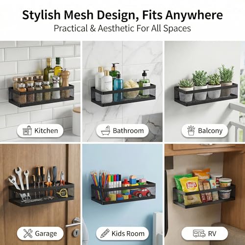 PUSDON Mesh Shower Caddy Wall Mount, Heavy Duty Adhesive Bathroom Shelf Organizer, Rustproof Floating Spice Rack for Kitchen Pantry, Holds 50 LBS, Multi-Purpose Storage Black-2 Packs (Netting)