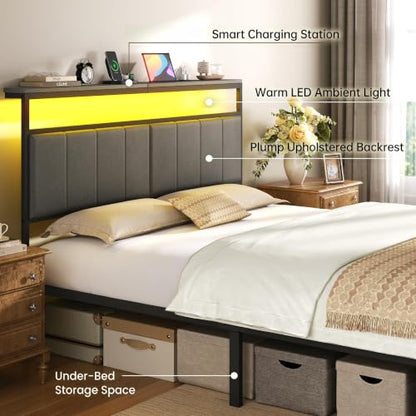 Queen Bed Frame with 2 Storage Drawers, Grey Upholstered