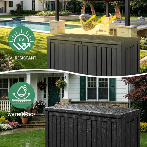 120 Gallon Outdoor Storage Box, Waterproof Resin Deck Box for Indoor & Outdoor Use, Lockable Storage Bench with Piston Hinge, Storage Bin for Patio Cushions, Garden Tools, Package Delivery