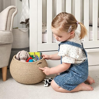 Goodpick Round Small Wicker Storage Basket for Shelves, 10" x 8.3", Jute | Woven Baby Basket with Handles，Decorative Gift Basket, Fits Living Room Nursery Toys & Towels Storage, Plant Baskets Indoor