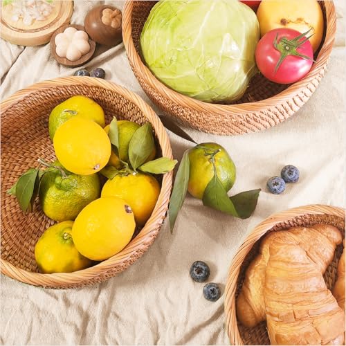 9.2" Medium Rattan Wicker Bread Basket, Fruit Basket for Kitchen Counter | Sturdy Well-Made Handwoven Bread Baskets for Serving, Natural Food Baskets, Versatile for Fruits, Snacks, Keys & More (Round)