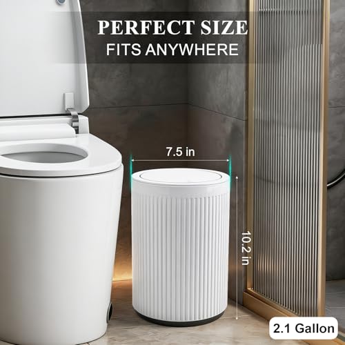 Small Bathroom Trash Can with Lid 2.1 Gallon Plastic Garbage Can White | Sturdy Stylish Decor Trash Bin with Trash Bags Round Wastebasket with Pop-Up Lid for Kitchen Bedroom Office College Dorm