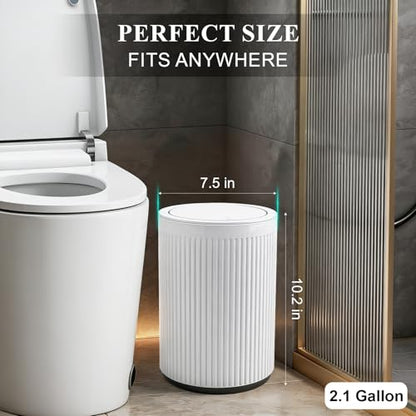 Small Bathroom Trash Can with Lid 2.1 Gallon Plastic Garbage Can White | Sturdy Stylish Decor Trash Bin with Trash Bags Round Wastebasket with Pop-Up Lid for Kitchen Bedroom Office College Dorm