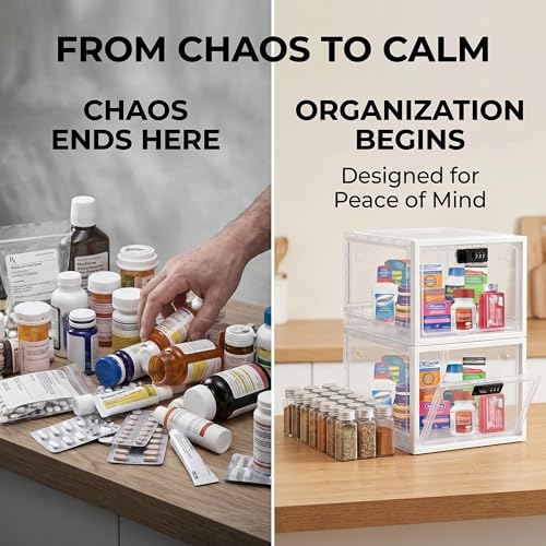Medicine Lock Box for Safe Medication, 10L Lockable Storage Box for Fridge/Snacks Food, Phone Lock Boxes with Combination Code for Home/Dorms/Office Storage (1, Translucent White)