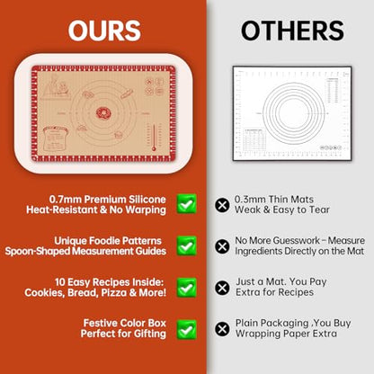 Silicone Baking Mat with 10 Recipes, Extra Thick Silicone Mats for Baking, Non Stick Pastry Mat for Rolling Dough, Silicone Macaron Baking Mat for Cookie,Bread,Pizza,Fondant Mat, Oven&Dishwasher Safe