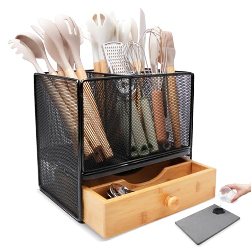 Kitchen Utensil Holder Countertop,Extra Large Utensil Organizer with Drawer | 2-Tier Utensil & Silverware Organizer for Kitchen Counter, Cooking Utensil Cutlery Caddy, Quick Dry Diatomite Base
