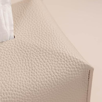 OLETHA Aesthetic Rectangle Tissue Box Cover, Standard, Light Taupe | Faux leather tissue box holder fits Kleenex 110-160 ct flat boxes; desk decor for home, office, room; velcro base; easy swap