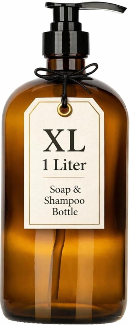 32 Ounce Glass Large Soap Dispenser - Refillable Shampoo and Conditioner Bottle with Pump for Shower and Bath - 1 Liter Shower Bottle- by Kitchentoolz
