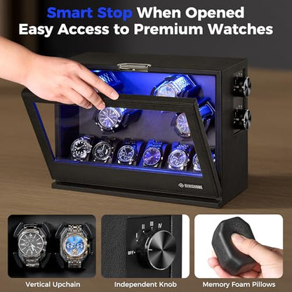 BEWISHOME Watch Winders for Automatic Watches, 4 Watch Winder | 6 Watch Display Case with Led Light 4 Modes, Automatic Watch Winder Box with Japanese Quiet Motor USB-C Adapter, Black SYQ04B