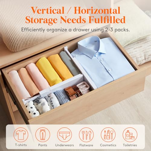 Lifewit 4" High Upgrade Drawer Divider, Adjustable Drawer Organizer Clothes | 9 Pack 11"-17" Expandable White Plastic Drawer Separator for Dresser, Kitchen, Closet, Nursery, Office Organization & Storage