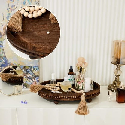HouseJoy Wooden Decorative Tray for Table: 16×11.8in Wood Beaded Tray | Decor Tray for Coffee Table/Home/Living Room/Bathroom - Serving Tray for Kitchen Dining