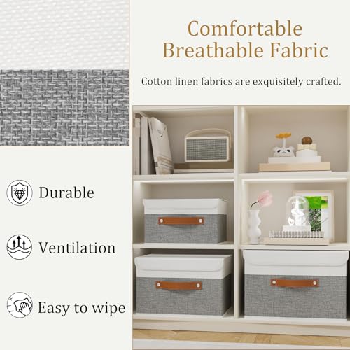 OUTBROS Large Foldable Storage Bins, 13x9.1x7.9 inch (White/Grey, 1-Pack) | Linen Fabric Box with Lid, Organiser for Shelves, Cubes For Towels, Clothes