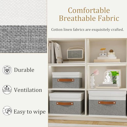 OUTBROS Large Foldable Storage Bins, 13x9.1x7.9 inch (White/Grey, 1-Pack) | Linen Fabric Box with Lid, Organiser for Shelves, Cubes For Towels, Clothes