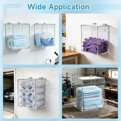 2 PCS Acrylic Hairnet Wall Dispenser, Clear Acrylic Wall Holder with Clamshell Lid and Bottom Access for Gloves Masks Shoe Covers, Desktop or Wall Mounted Disposable Supply Organizer
