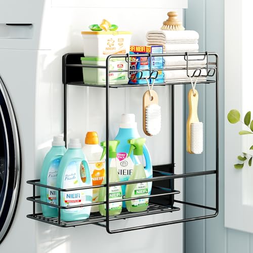 Nieifi Magnetic Shelves for Washing Machine, Magnetic Laundry Organizer | Heavy duty, 2 tier, pull out drawer, 2 hooks, dryer organizer, laundry room storage, magnetic spice rack, black
