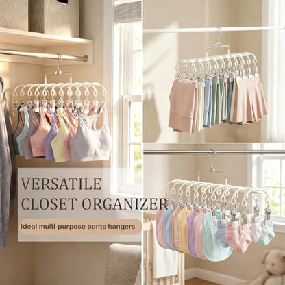 20 Clips Space-Saving Multi-Pants Hangers, 360° Rotating Hangers (Beige) | skirt hangers space saving,legging hangers for closet organizer,Space Saving Hanging Closet Organizer Metal pants organizer