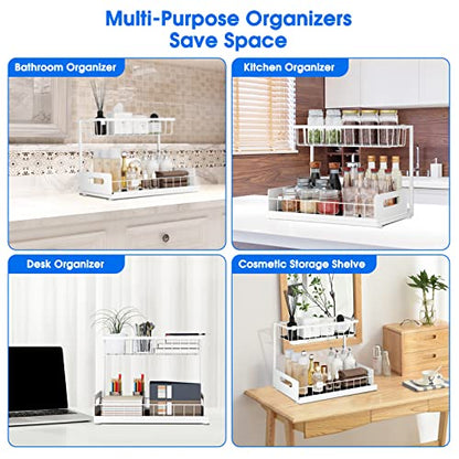Under Sink Organizer, 2 Tier Pull-Out Cabinet Storage Shelf, Rust-Resistant Metal Organizer for Kitchen Bathroom Laundry Room, No Tools Installation, 1 Pack White