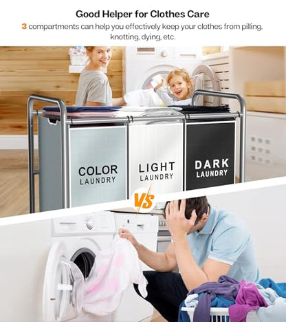 Laundry Sorter Hamper 3 Section, Divided Laundry Basket Organizer with Heavy Duty Lockable Wheels and Removable Bags, Rolling Clothes Hamper for Apartment, Dorm & Family (135L Multicolor)