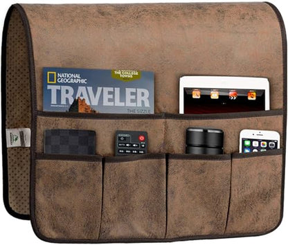 HAOMAIJIA Sofa Armrest Organizer, Remote Control Holder for Recliner Couch | Anti Slip Arm Chair Bedside Caddy Storage Organizer With 6 Pockets For Cell Phone Tv Remote Control Magazines (brown)