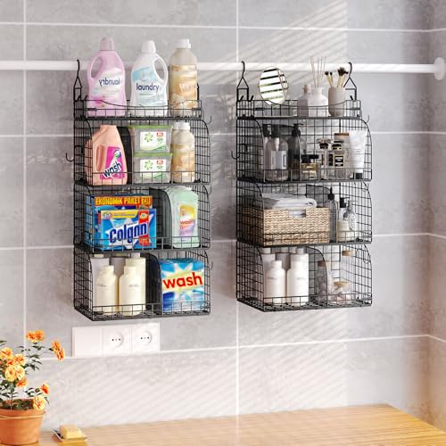 HapiRm Hanging Closet Organizer Storage - 4 Tier Metal Stackable Hanging Closet Shelves with Dividers and S Hooks, Foldable Clothes Shelves for Clothes, Pants, Shoes, Coat, Hats Clutches Accessories