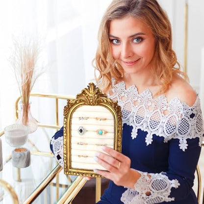 Liliaafar Vintage Ring Holder Arch Gold Ring Wedding Display Suede Jewelry Box Stand Frame Earring Tray Anniversary Engagement Baroque Organizer Photograph Prop for Women Birthday Christmas Gift