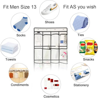 Extra Large Hanging Crystal Clear Over Door Shoe Organizers, Closet Shoe Organizer Shoe Rack Organizer Shoe Storage, 12+6Pockets, 4Hooks, white (59"x 21.6")