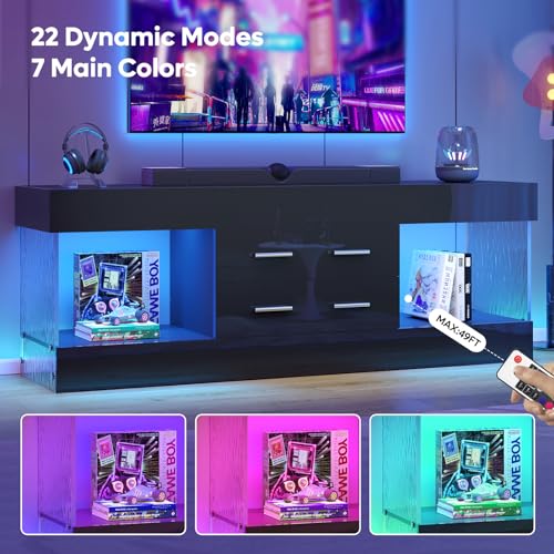 Bestier TV Stand for 65 Inch TV, Modern Black Entertainment Center | High Gloss Black Finish, Stone Pattern Panels, LED Lights, 2 Large Storage Drawer, Living Room Media Console