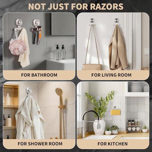 Razor Holder for Shower, 15 LB Suction Cup for Glass Door & Tile, Rustproof Stainless Steel Shaver & Loofah Hanger, No Drill Bathroom Hook for Renters & Dorm, Space Saving (2, Brushed Nickel)