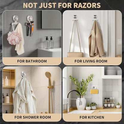 Razor Holder for Shower, 15 LB Suction Cup for Glass Door & Tile, Rustproof Stainless Steel Shaver & Loofah Hanger, No Drill Bathroom Hook for Renters & Dorm, Space Saving (2, Brushed Nickel)