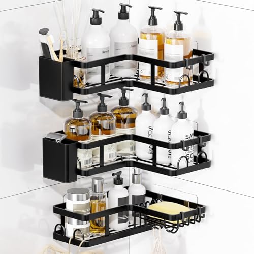 3 Pack Corner Shower Shelves, Rustproof Shower Organizer Caddy | No Drilling Shower Organizer Corner Exclusively for 90 Degree Right-Angle Walls with Hooks and Toothpaste Holder, Black