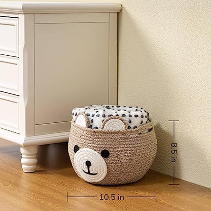 Baby Basket for Gifts Empty, Cute Bear Design, Light Brown | 10.5" x 8.5" Baby Shower Basket for Kids Boys Newborn Storage, Toy Basket for Living Room Nursery Décor, Soft Cotton Rope