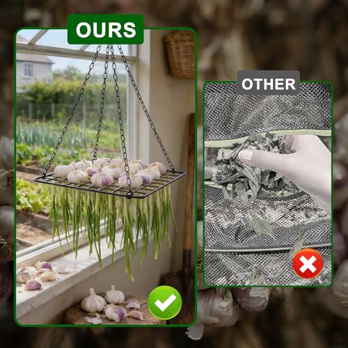 Black Iron Garlic & Herb Drying Rack–Space-Saving 81-Hole Metal Dryer with 20 S-Hooks for Flower,Onion and Grass, Resistant Hanging Organizer for Indoor & Outdoor Use–Ideal for Home Gardeners