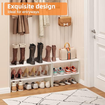 X-cosrack 2-Tier Shoe Rack Organizer for Closet, Expandable and Adjustable White Shoe Rack, Stackable Iron Wood Combination Shoe Storage Shelves for Closets, Entryway, Small Space, Hallway, Garage