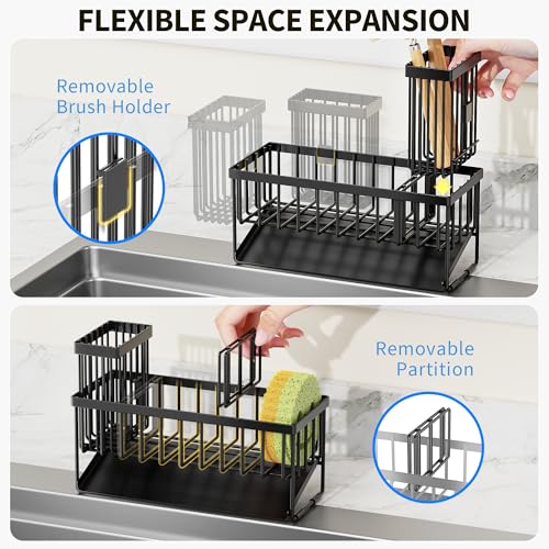 Sink Caddy Sponge Holder for Kitchen with Brush Holder and Stainless Steel Self Drain Tray, Rustproof Kitchen Sink Organizer for Sponge, Soap Dispenser Storage Accessories