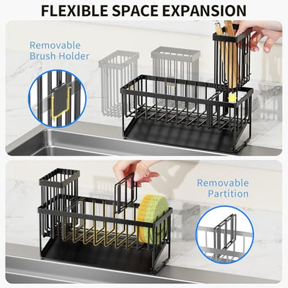 Sink Caddy Sponge Holder for Kitchen with Brush Holder and Stainless Steel Self Drain Tray, Rustproof Kitchen Sink Organizer for Sponge, Soap Dispenser Storage Accessories