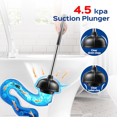 HAMITOR Toilet Plunger and Brush Set: Curved Bristles, 2-Pack | Stainless Steel, 2 in 1 Toilet Bowl Brush with Holder, Deep-Cleaning, Heavy Duty Unclogger for Household & Hotel